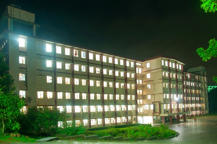 Night view of Sharada PU College residential hostel building in Mangalore